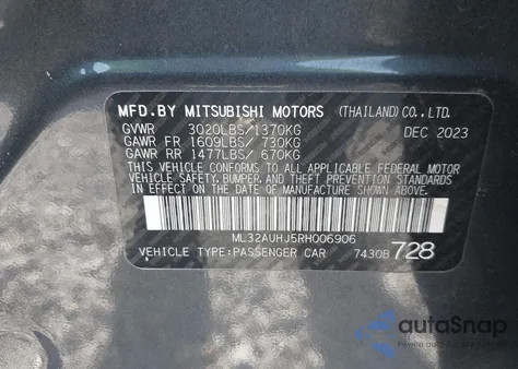 2024 Mitsubishi Mirage Es/Le z USA, uszkodzony, nr VIN ML32AUHJ5RH006906